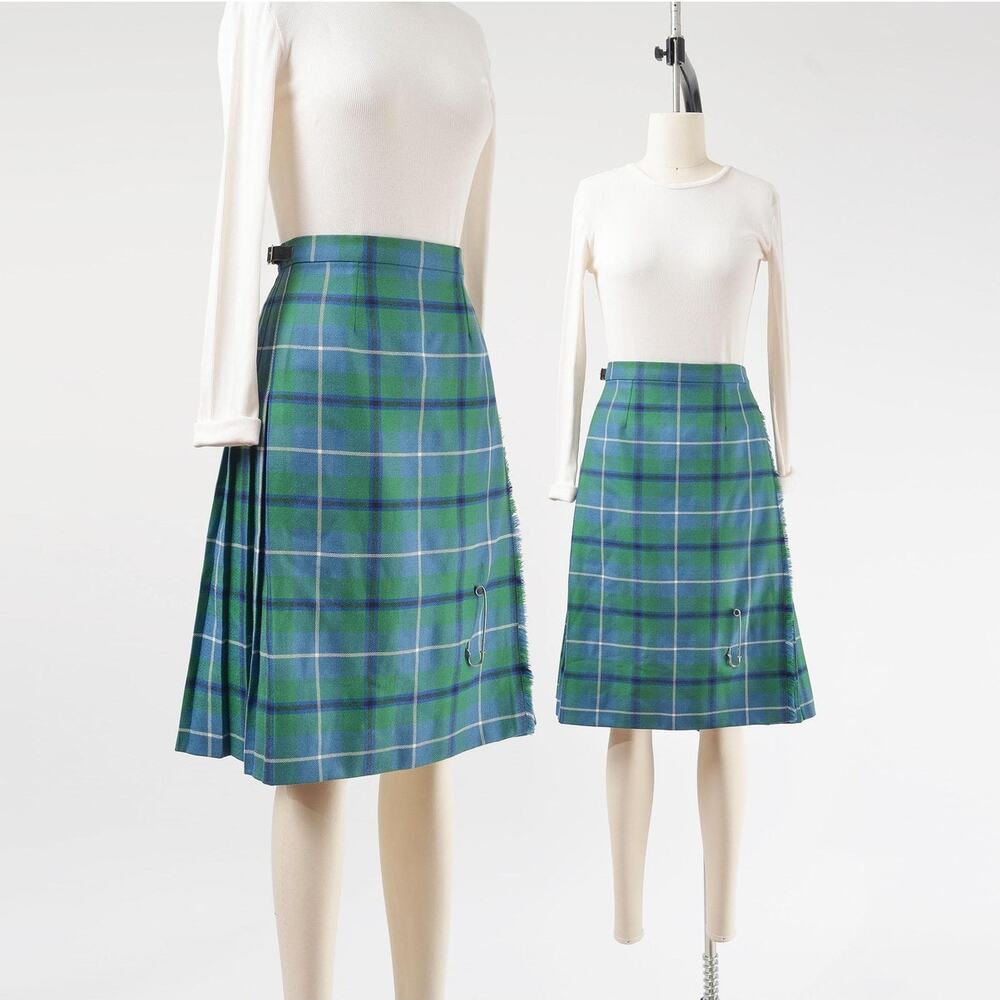 Vintage 70s Green Tartan Plaid Wool Pleated Kilt Skirt size M 28 - 30